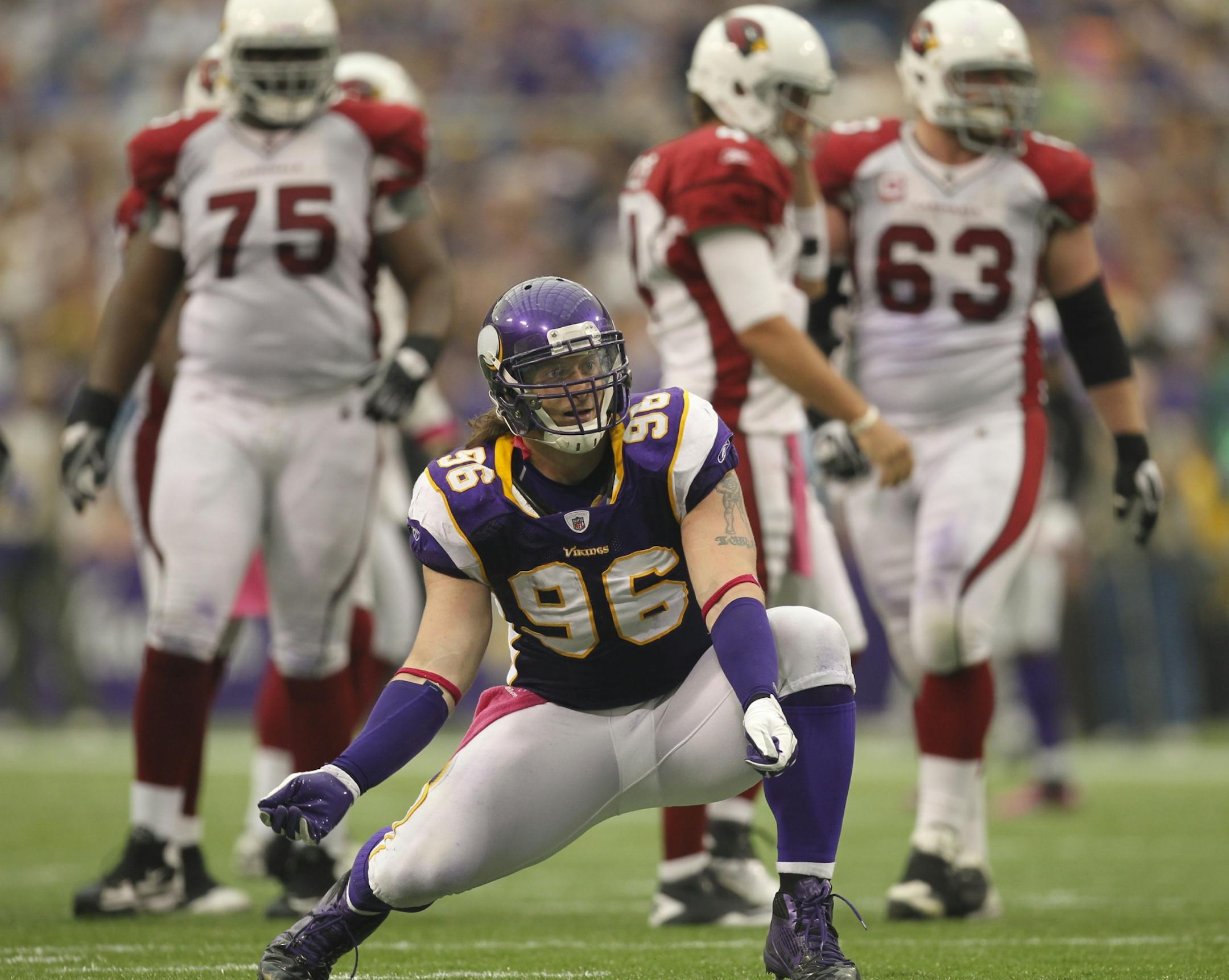 Vikings' Brian Robison took a page from the Jared Allen celebration book after he sacked Arizona quarterback Kevin Kolb for a nine yard loss in the third quarter. The Minnesota Vikings won their first game of the season with a 34-10 win over the Arizona Cardinals Sunday afternoon, October 9, 2011, at Mall of America Field in Minneapolis, Minn.