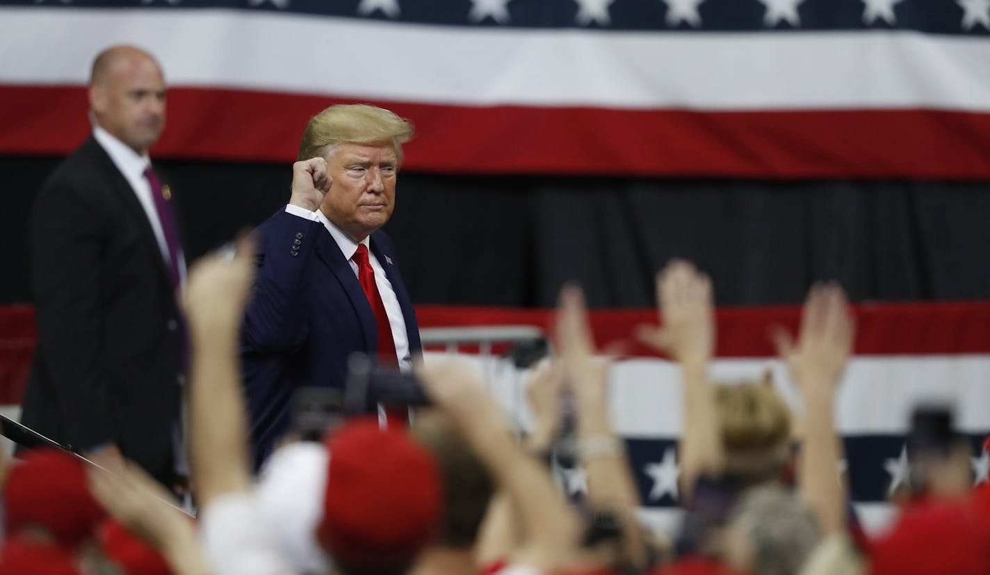 President Donald Trump addresses his supporters during a campaign rally at the Target Center in Minneapolis on Thursday, Oct. 10, 2019. (Richard Tsong-Taatarii/Minneapolis Star Tribune/TNS) ORG XMIT: 1456889