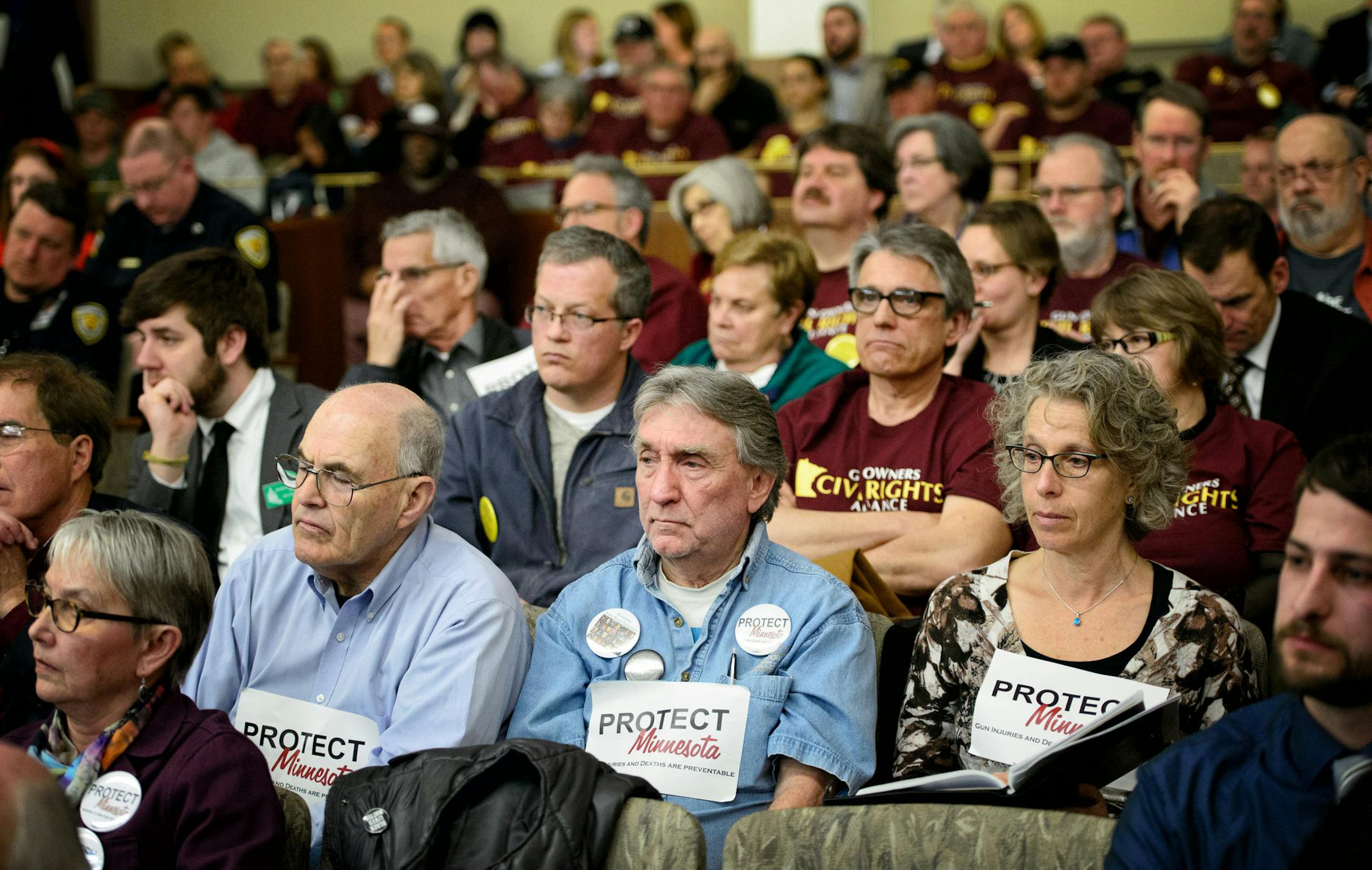 Supporters for gun owners rights groups and anti-gun forces attended a hearing at the State Capitol for a bill that would allow suppressors or silencers on guns in Minnesota. ] GLEN STUBBE * gstubbe@startribune.com Thursday, March 12, 2015