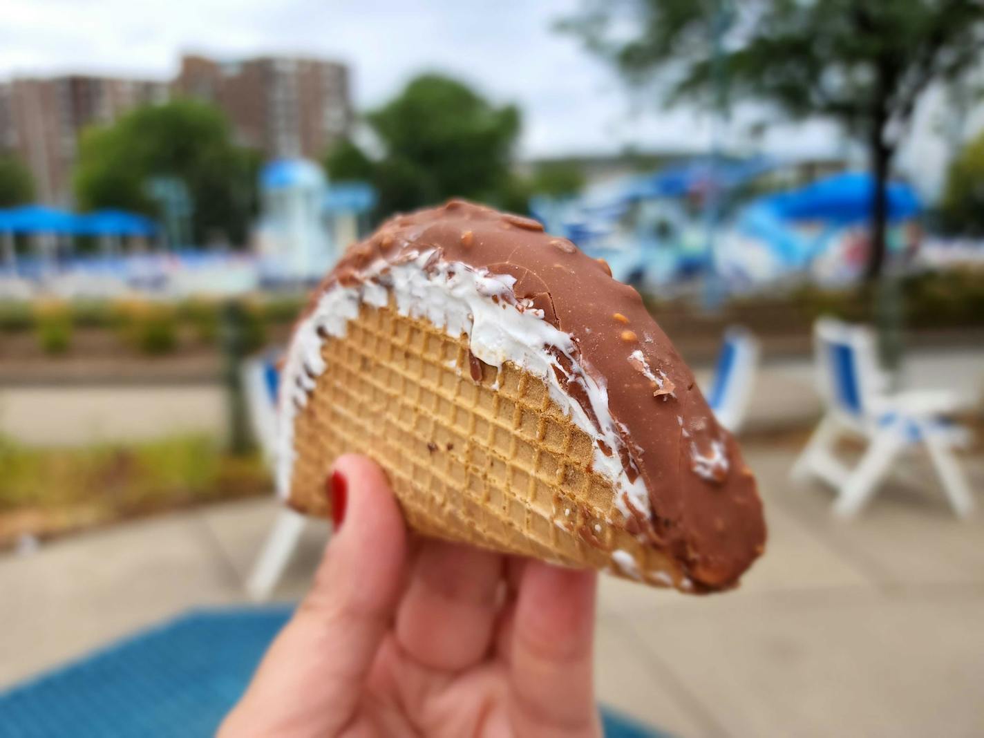 A Choco Taco in front of the pool in St. Louis Park