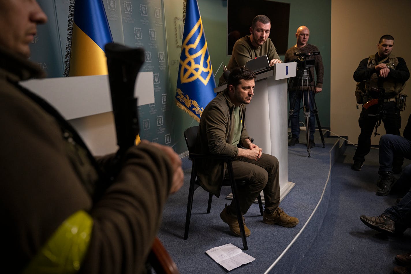 FILE Ñ Ukrainian President Volodymyr Zelenskyy during a press conference at an undisclosed location in Kyiv, Ukraine, March 3, 2022. A New York Times investigation based on interviews, intercepts, documents and secret battle plans shows how a Òwalk in the parkÓ became a catastrophe for Russia. (Lynsey Addario/The New York Times)ÑNO SALESÑ