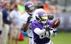 Cordarrelle Patterson missed a catch as Josh Thomas played defense during Vikings training camp. Thomas is one of seven cornerbacks on the roster.