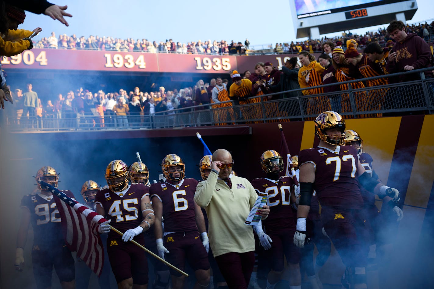 Minnesota Gophers head coach P.J. Fleck leads the team onto the field before taking on the Illinois Fighting Illini Saturday, Nov. 4, 2023, at Huntington Bank Stadium in Minneapolis, Minn.. ] AARON LAVINSKY • aaron.lavinsky@startribune.com