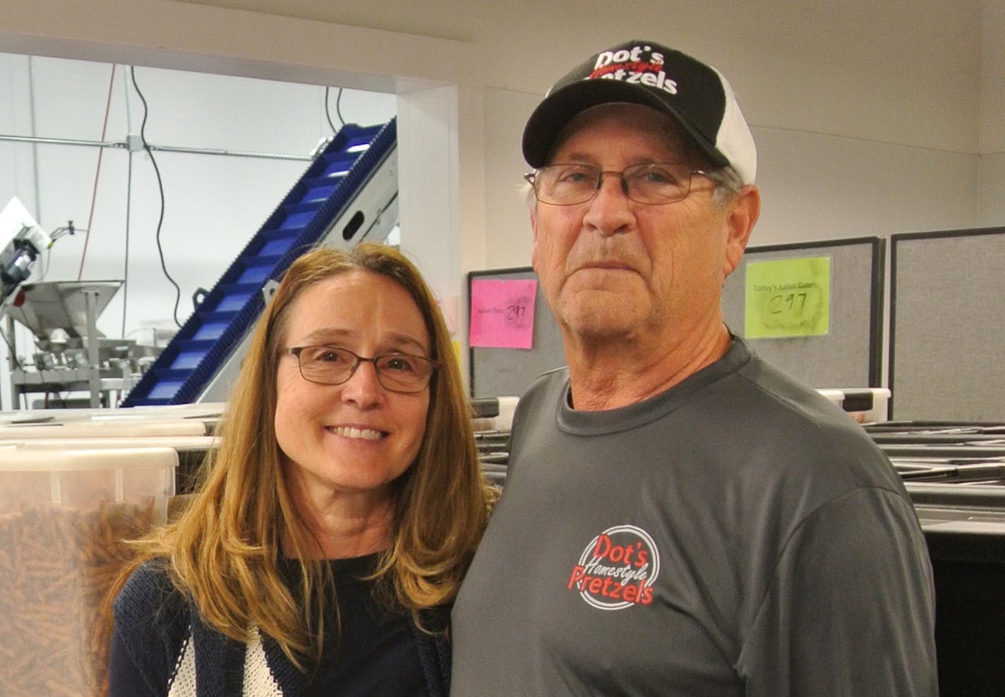 Pretzel icon Dorothy "Dot" Henke and husband Randy Henke at their Dot's Homestyle Pretzels plant in Velva, N.D.