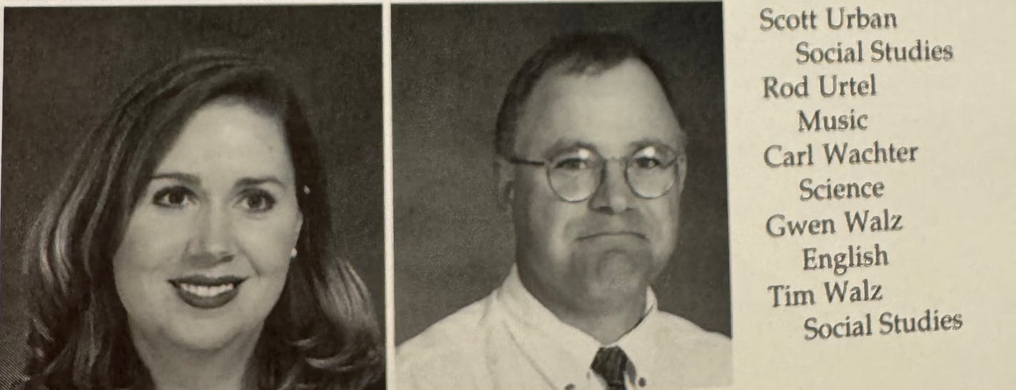 A screenshot of a yearbook showing black and white head shots of a woman and a man.