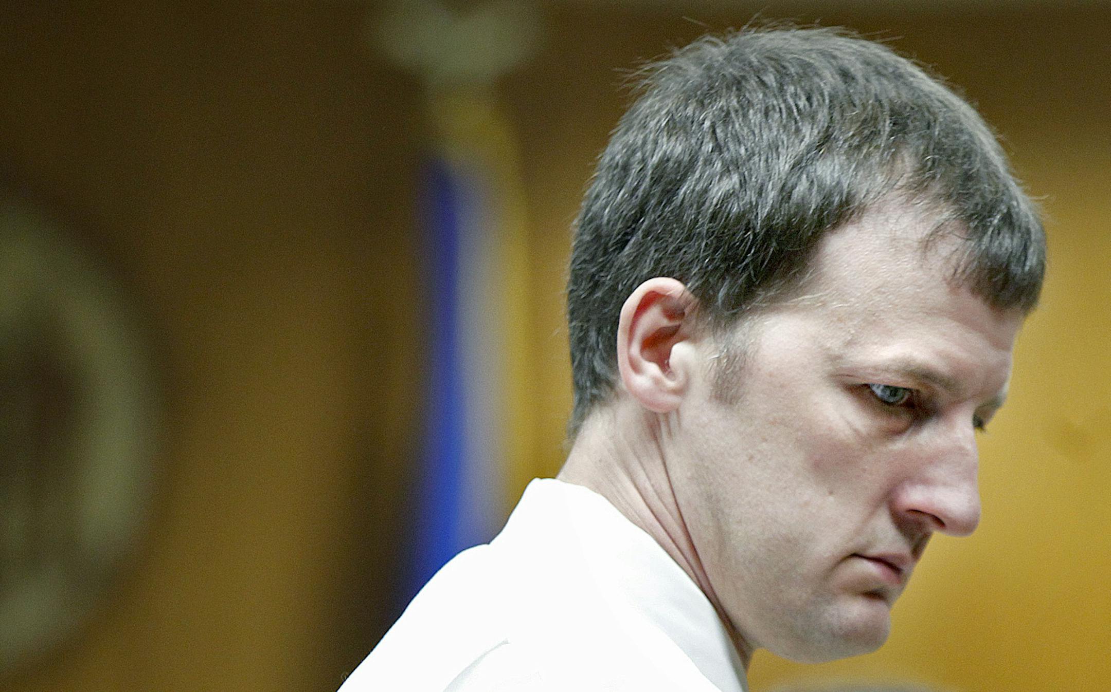 Aaron Schaffhausen made his way out of the courtroom after Jessica Schaffhausen's testimony during the third day of the his trial at a St. Croix County Courtroom in Hudson, Wis., Thursday, April 4, 2013. (ELIZABETH FLORES/STAR TRIBUNE) ELIZABETH FLORES • eflores@startribune.com