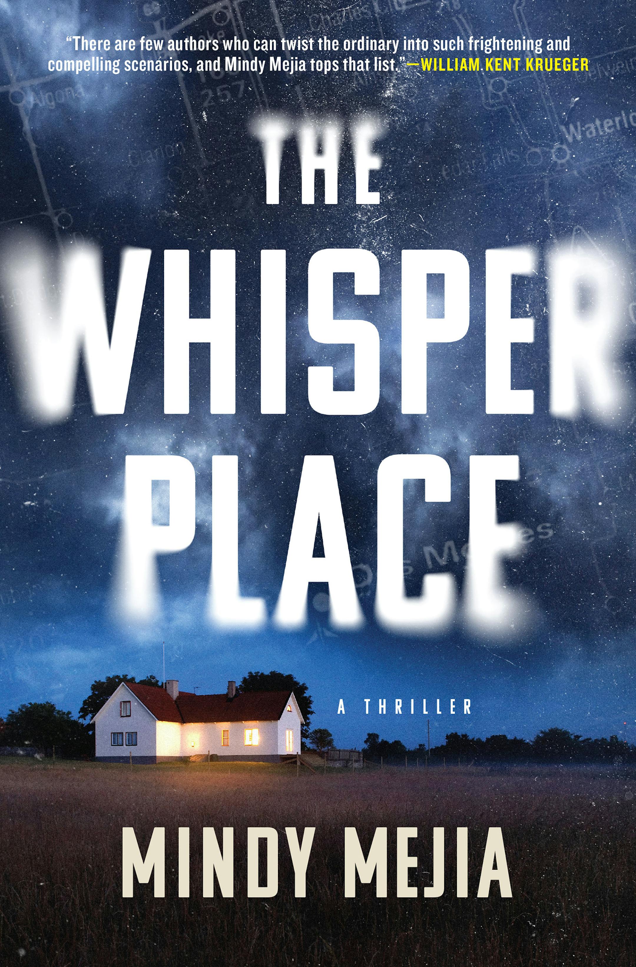 cover of the Whisper Place is a white house in a field, lit up at night