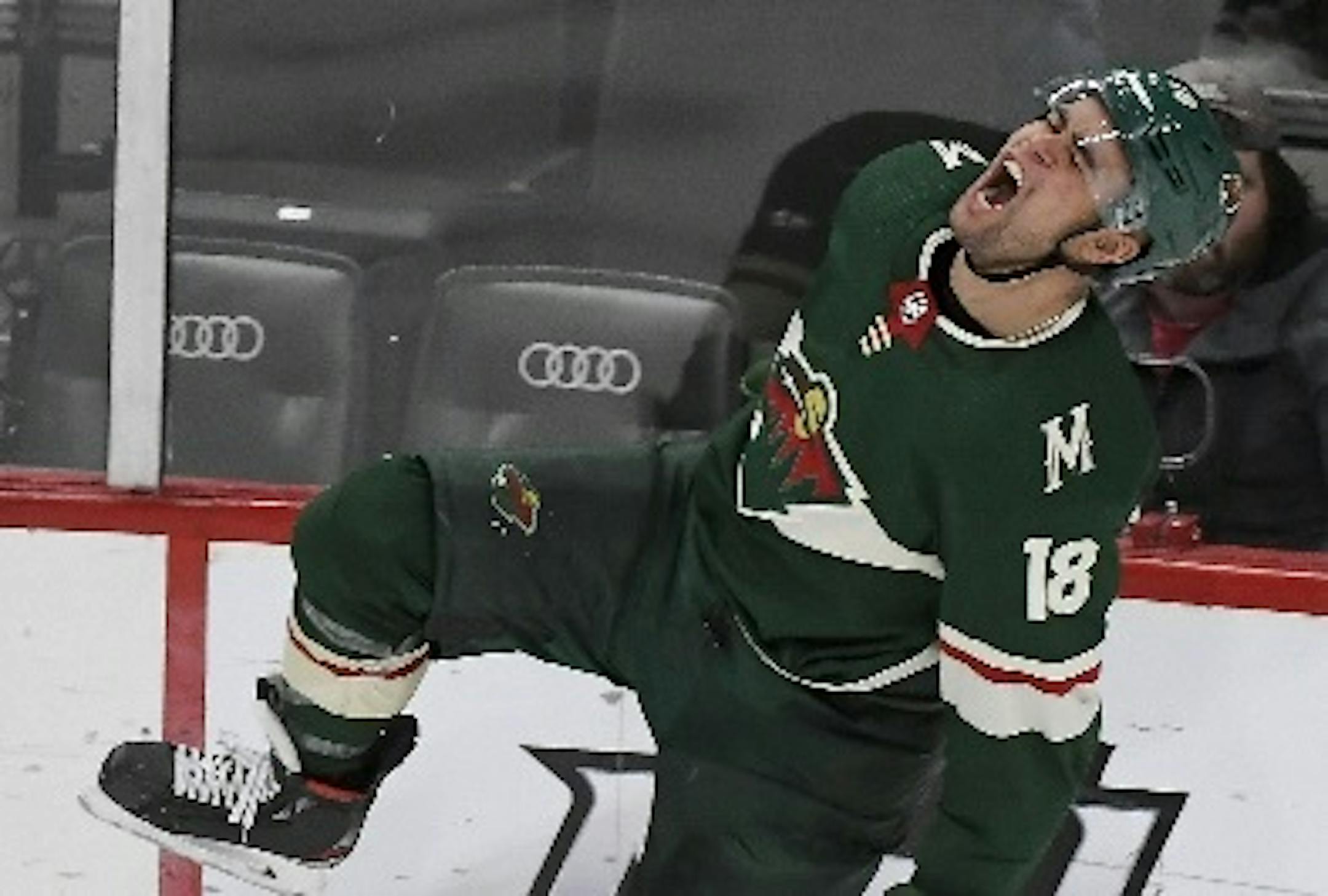 The Wild's Jordan Greenway celebrated his second-period goal, his second of the season, in a 3-2 victory over the Avalanche at Xcel Energy Center on Thursday night.