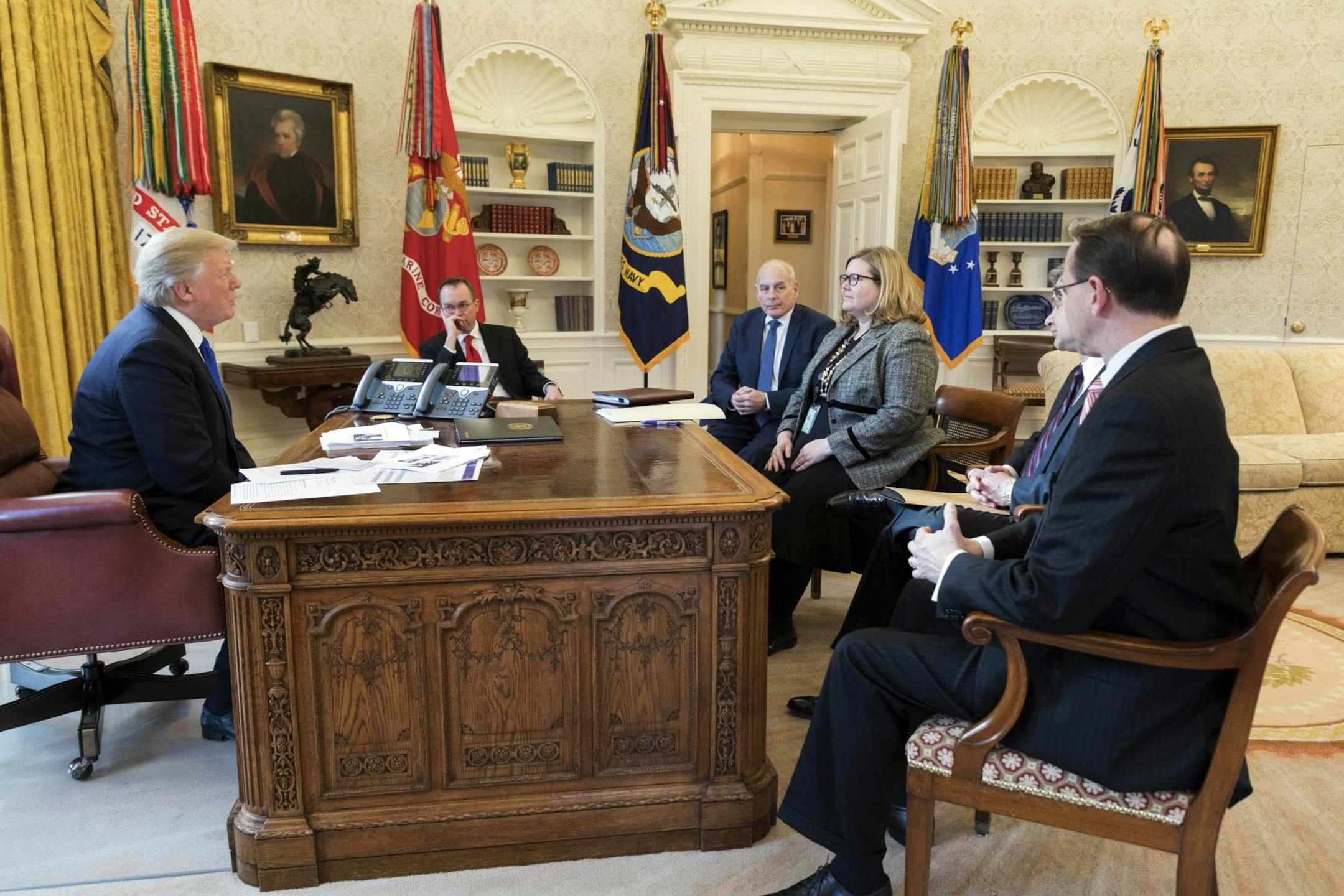 President Donald Trump met in January 2018 with Emily Murphy, the administrator of the General Services Administration, along with other officials.
