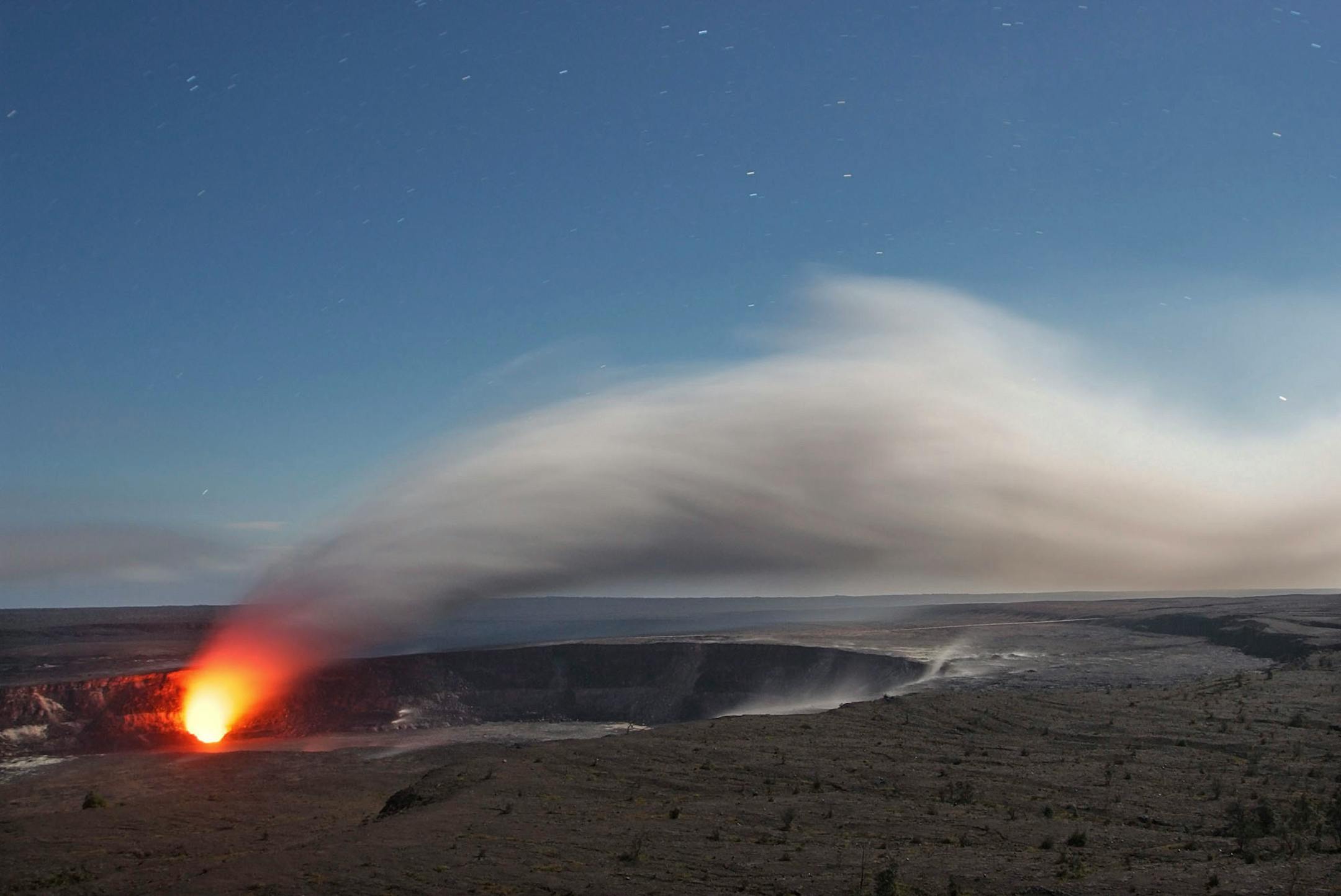 A time exposure shows eruption activity in April from Kileaua on the Big Island of Hawaii.