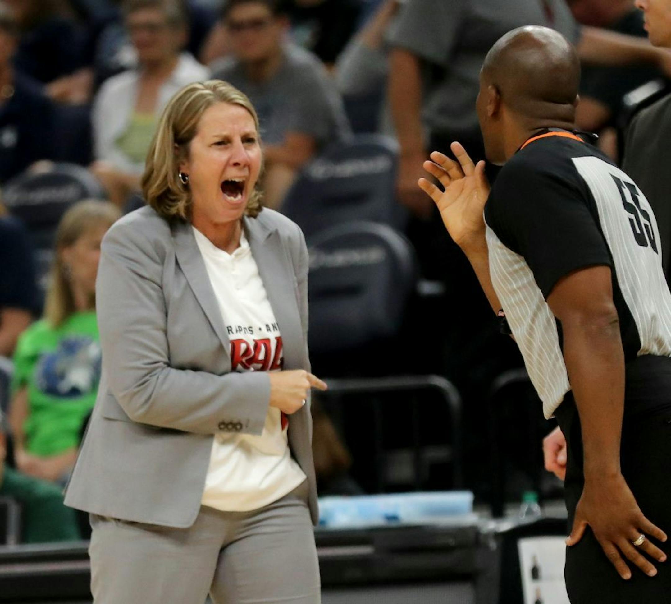Minnesota Lynx head coach Cheryl Reeve expressed her displeasure with a call during the second half of the Lynx game with the Washington Mystics Friday, Aug. 16, 2019, at the Target Center in Minneapolis, MN. Washington beat the Lynx 86-79.