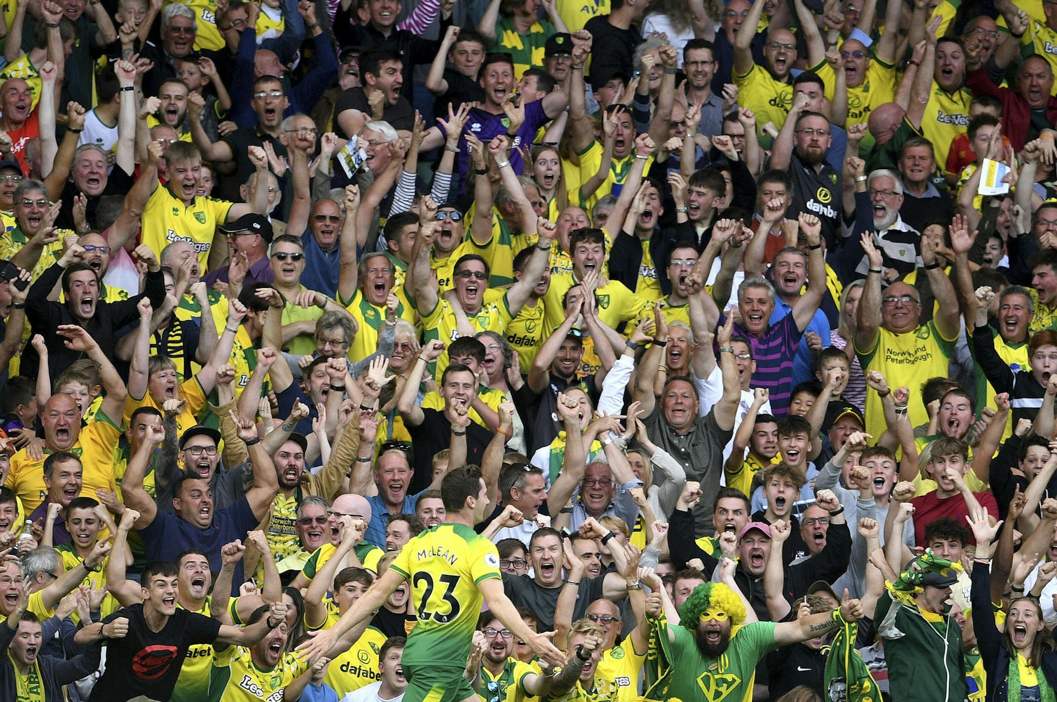 Norwich City's Kenny McLean celebrates scoring his side's first goal of the game during the English Premier League soccer match on Sept. 14 between Norwich City and Manchester City at Carrow Road, Norwich, England.