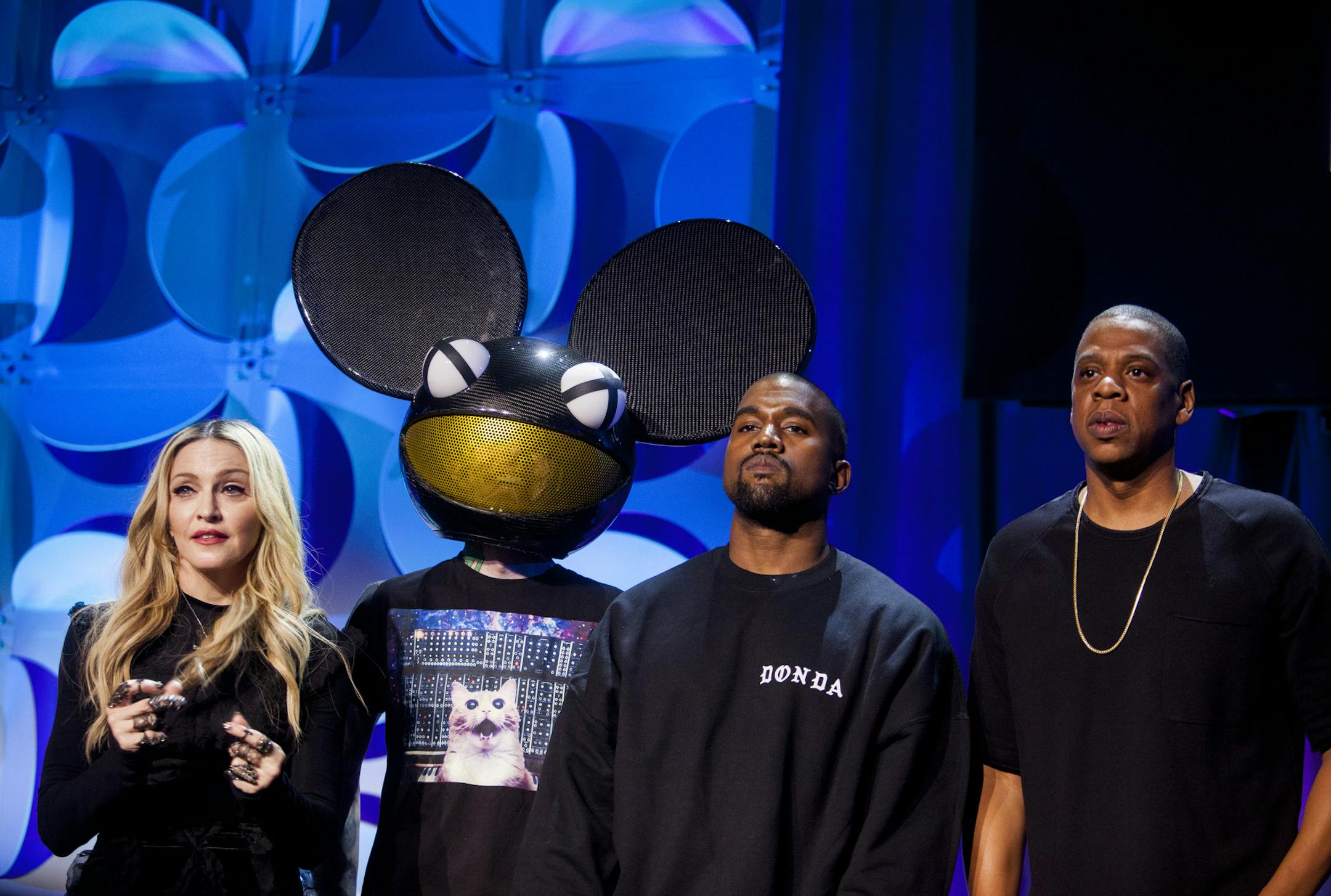 Madonna, Deadmau5, Kanye West and Jay Z at the announcement of the Tidal music service, in New York, March 30, 2015. Jay Z unveiled his plans for Tidal Monday, a subscription streaming service that he said will be majority-owned by artists themselves. (Sam Hodgson/The New York Times)