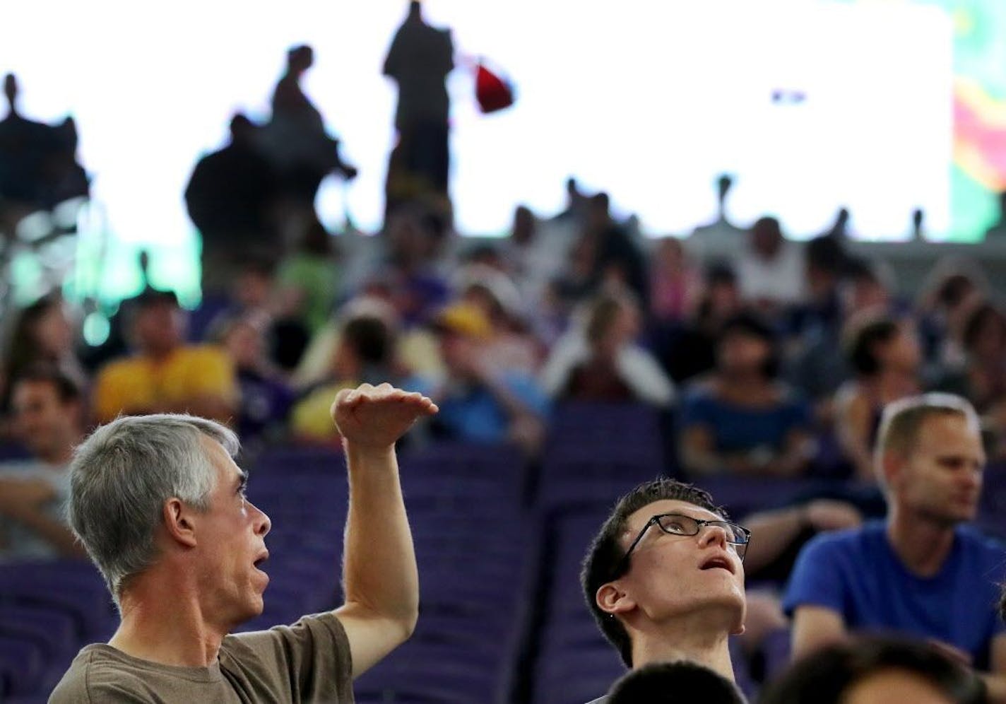 Doug Norris, left, and his son Matt marvel at the new stadium at the public opening at the U.S. Bank Stadium Saturday, July 23, 2016, in Minneapolis, MN. "It's fantastic," Doug Norris said of the new stadium.