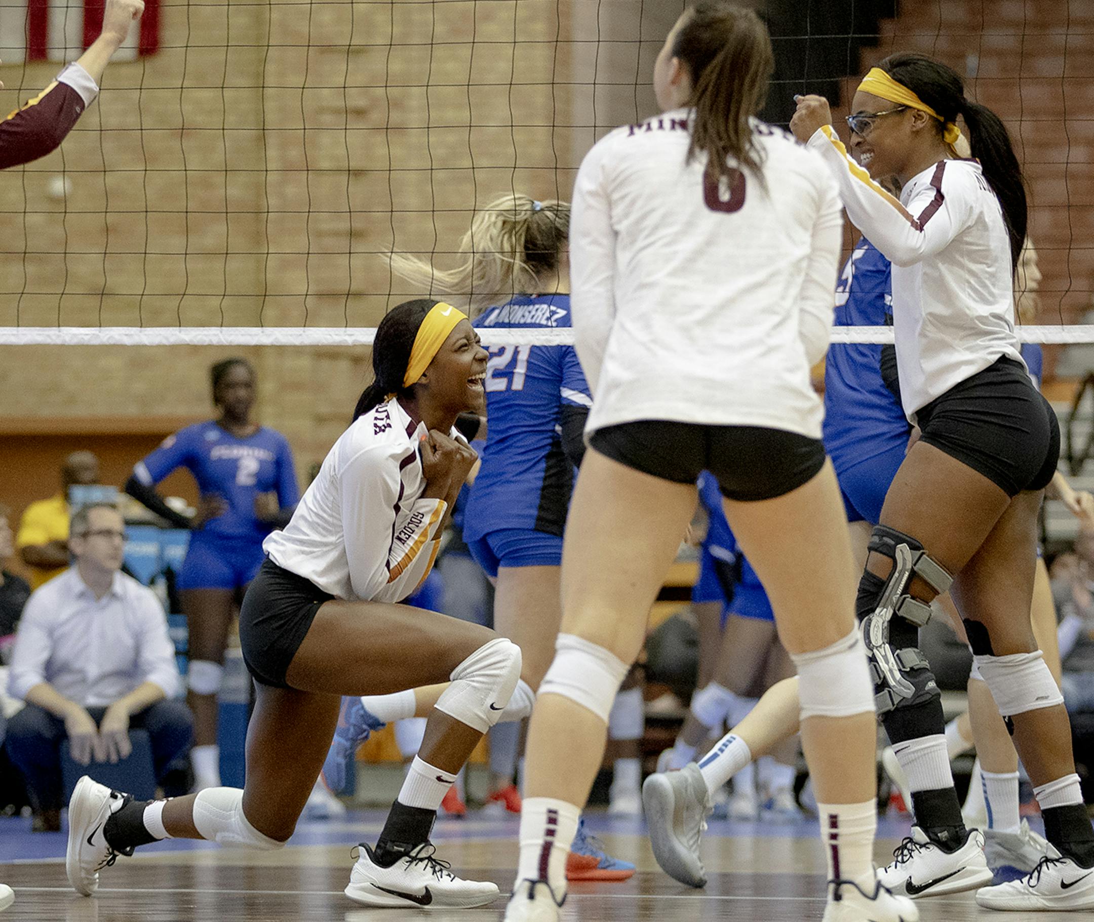 Minnesota outside hitter Adanna Rollins (20) celebrated a spike during a match against Florida in the third round of the NCAA volleyball tournament on Friday, Dec. 13, 2019, in Austin, Texas. (Nick Wagner/Special to the Star Tribune)