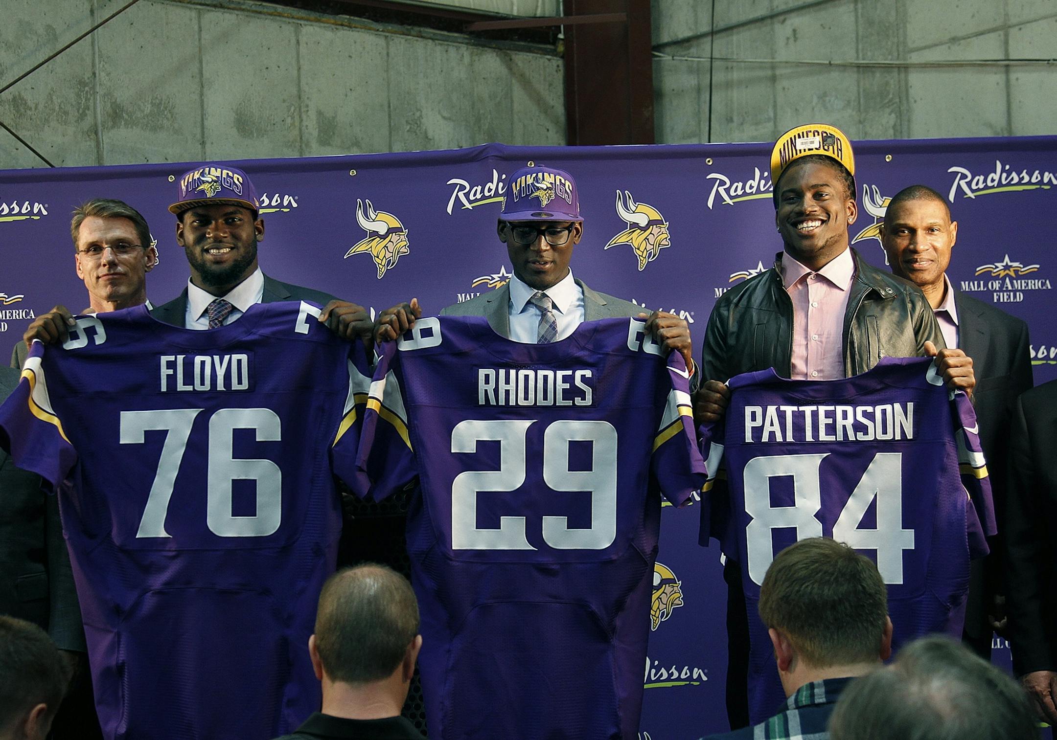 The newest Vikings, from left, Sharrif Floyd, left, Xavier Rhodes, center, and Cordarrelle Patterson, were introduced to the media at Winter Park in Eden Prairie, MN, Friday, March 26, 2013. (ELIZABETH FLORES/STAR TRIBUNE) ELIZABETH FLORES � eflores@startribune.com