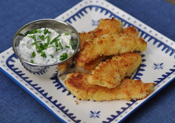 Photo by Meredth Deeds, Special to the Star Tribune Crispy Fish Sticks with Caper -Chive Tartar Sauce for healthy family column.