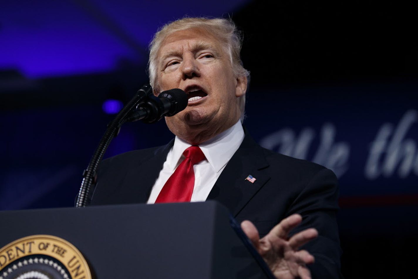 In this photo, President Donald Trump speaks at the Conservative Political Action Conference (CPAC), Friday, Feb. 24, 2017, in Oxon Hill, Md.