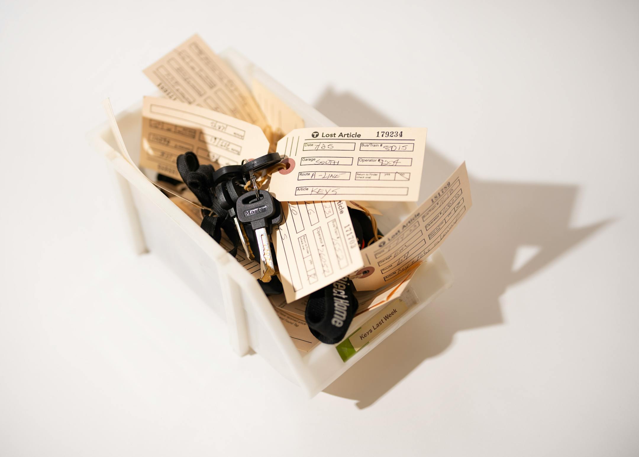 A bin of keys left behind on Metro Transit vehicles recently, photographed in the Lost and Found room.