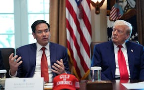 President Donald Trump, right, listens as Secretary of State Marco Rubio speaks during a Cabinet meeting at the White House on April 30, 2025, in Wash