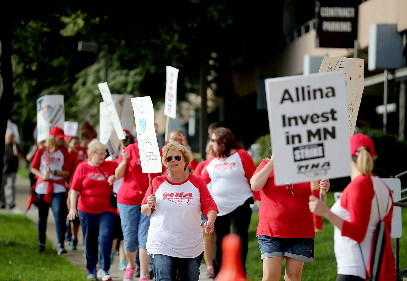 Nurses on strike made their way around Abbott Northwestern Hospital Monday, September 5, 2016 in Minneapolis, MN. They joined hundreds of nurses during the first day on strike at Abbott Northwester Hospital which is Allina's flagship hospital.