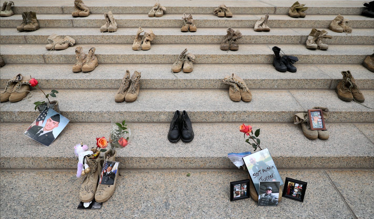 Twenty sets of boots were placed on the steps of the Minnesota Capitol in April to shed light on suicide deaths of military members.