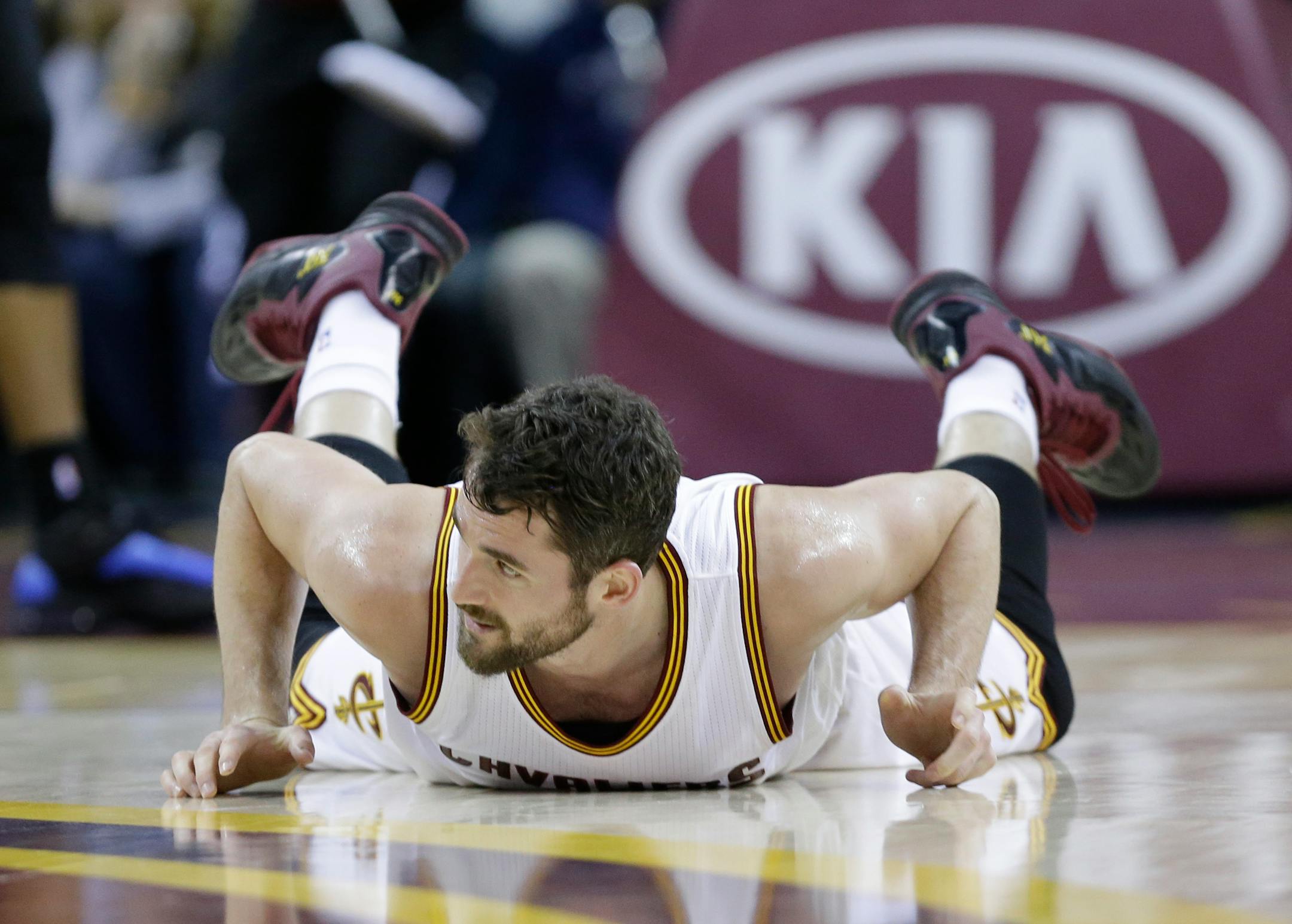 Cavaliers forward Kevin Love hit the floor in the first quarter of Tuesday night's game against the Timberwolves, his first contest against his former team. Love finished with 20 points and 10 rebounds in Cleveland's 125-104 victory.