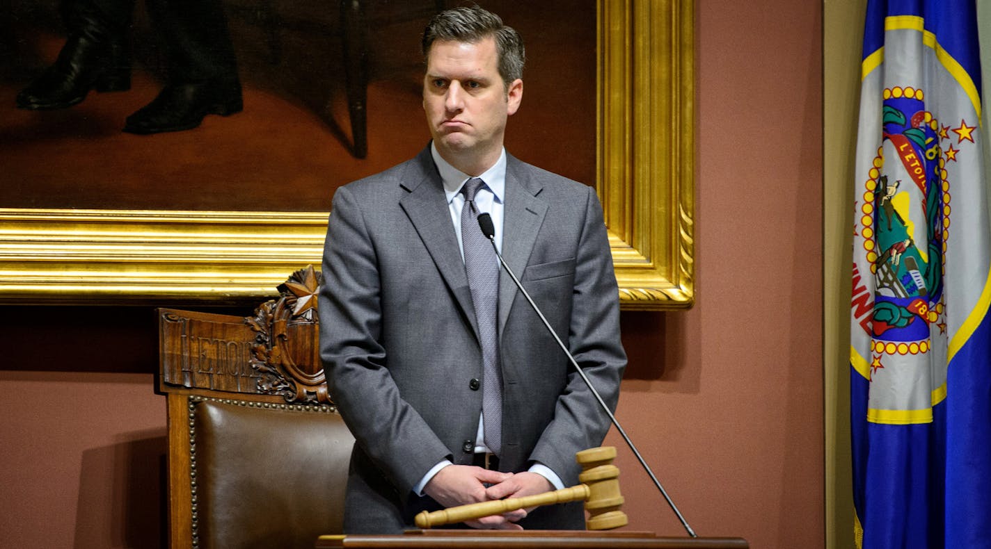 House Speaker Kurt Daudt faced challenges from Minority Leader Paul Thissen for the first hour of the session on access to the public and press, which are severely curtailed from House Republican's choice to hold the session in the House Chamber instead of the cheaper and more accessible Senate Office Building. ] GLEN STUBBE * gstubbe@startribune.com Tuesday March 8, 2016 U.S. Minnesota legislators kick off what is expected to be a short, testy session with $900 million up for grabs in a pivotal