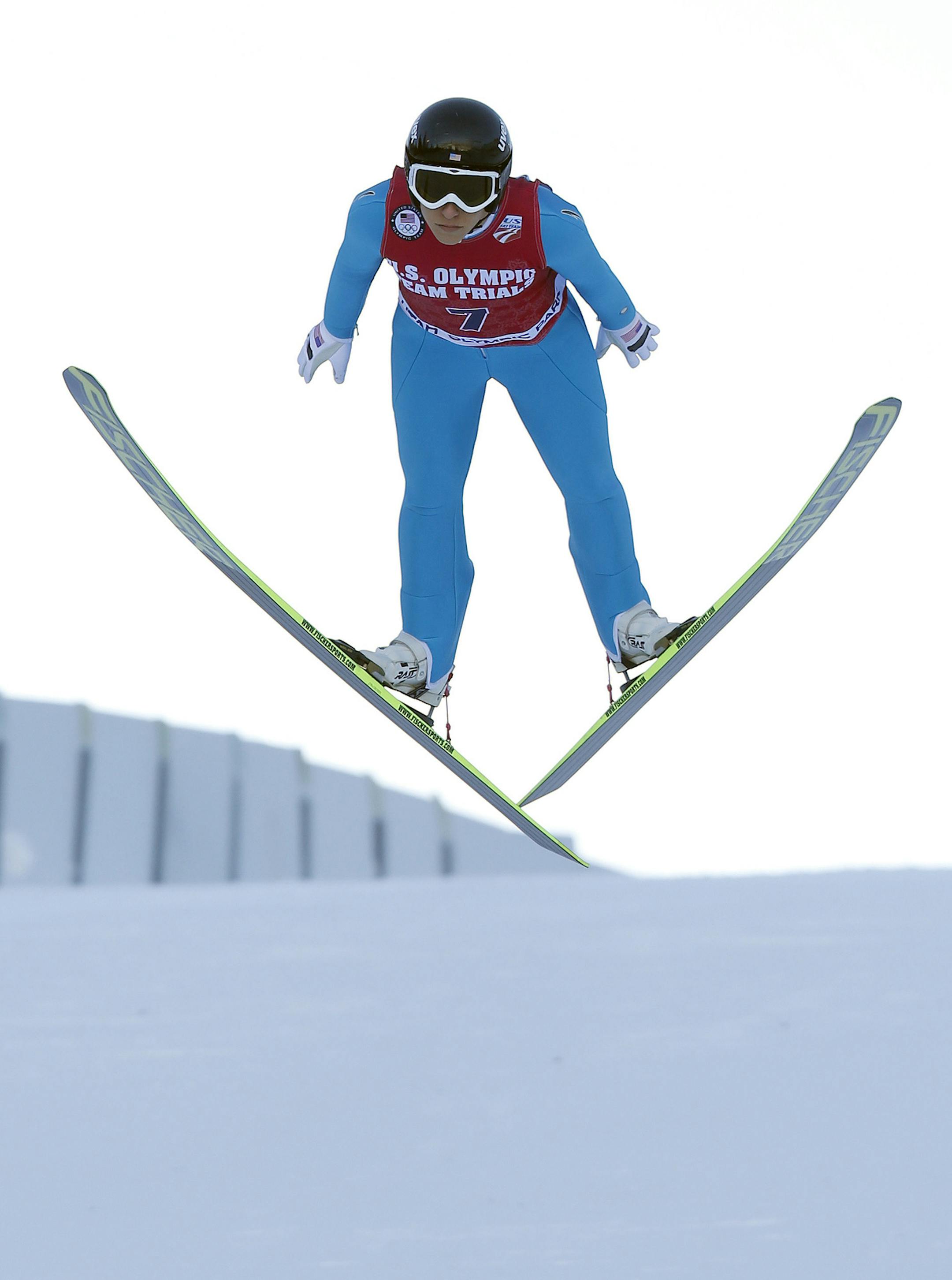 First-place finisher Jessica Jerome competes in the women's ski jumping event at the U.S. Olympic trials in Park City, Utah, Sunday, Dec. 29, 2013. (AP Photo/Jim Urquhart)