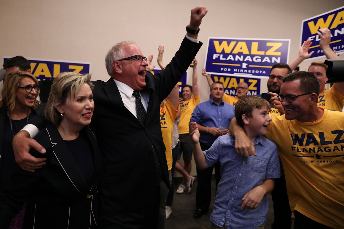 DFL candidate for governor Tim Walz along with his wife Gwen greeted supporters after it was announced he had won the primary during a watch party at the Carpenters Union Hall.