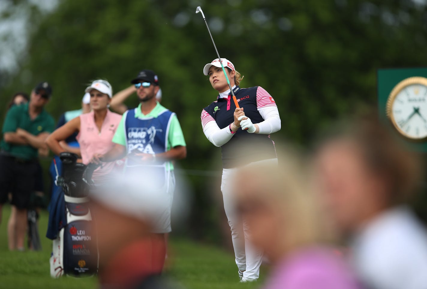 Ariya Jutanugarn tees off on No. 8 during the second round of the KPMG Women's PGA Championship at Hazeltine National Golf Club