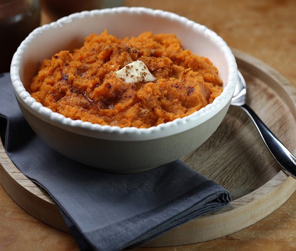 Sweet potatoes are cooked with a strong flavor lineup of sugar, salt, cinnamon, black pepper and cayenne, then finished with butter, cream, brown suga