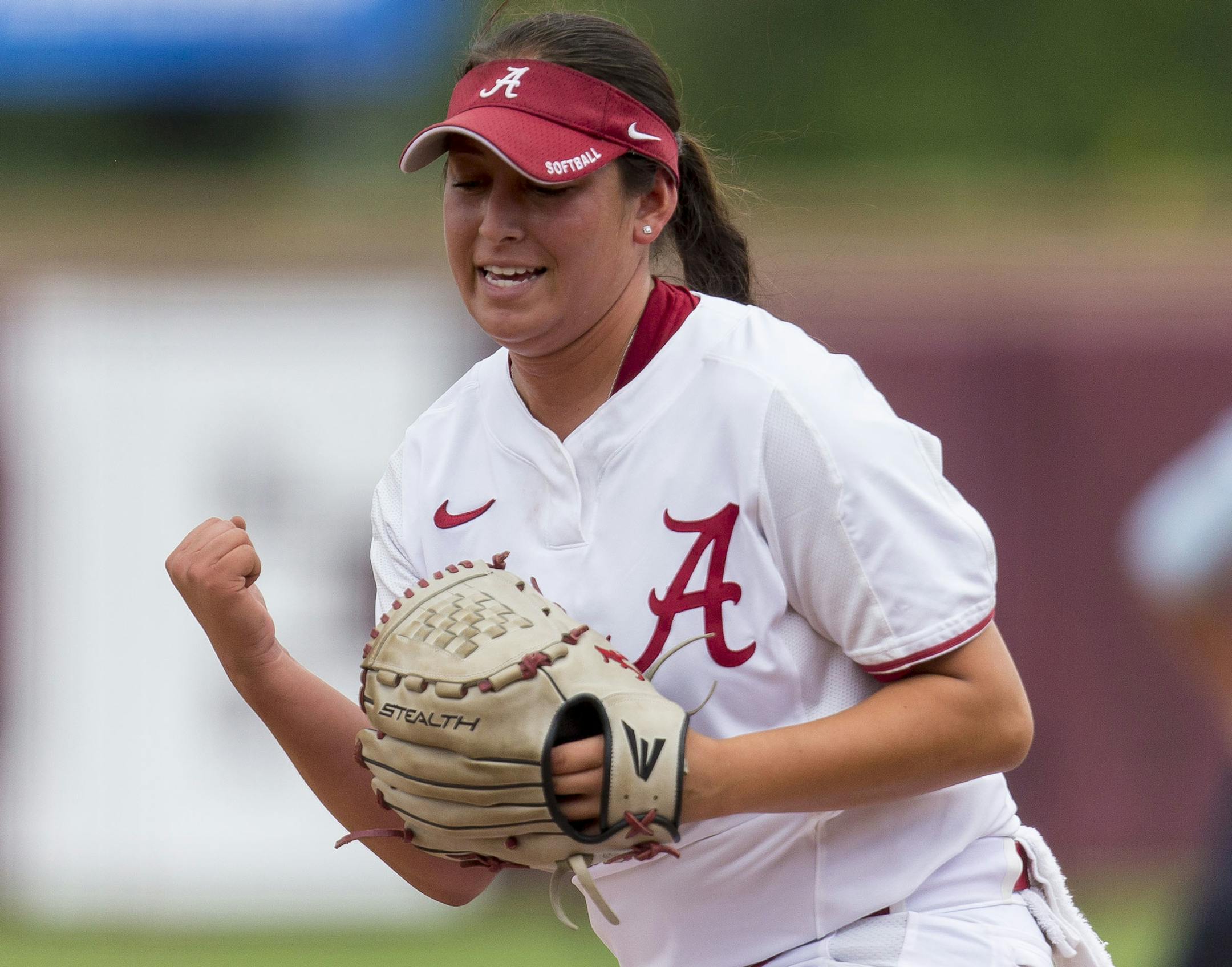 Alabama pitcher Alexis Osorio (27) pumps her fist after stranding a Minnesota runner on first in the first inning in the NCAA regional softball tournament, Saturday, May 20, 2017, at Rhoads Stadium in Tuscaloosa, Ala. Alabama won 1-0. (Vasha Hunt/AL.com via AP)