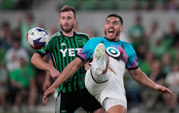 Minnesota United defender Michael Boxall, right, competed with Austin FC forward Jon Gallagher during a May 31 game in Austin, Texas.