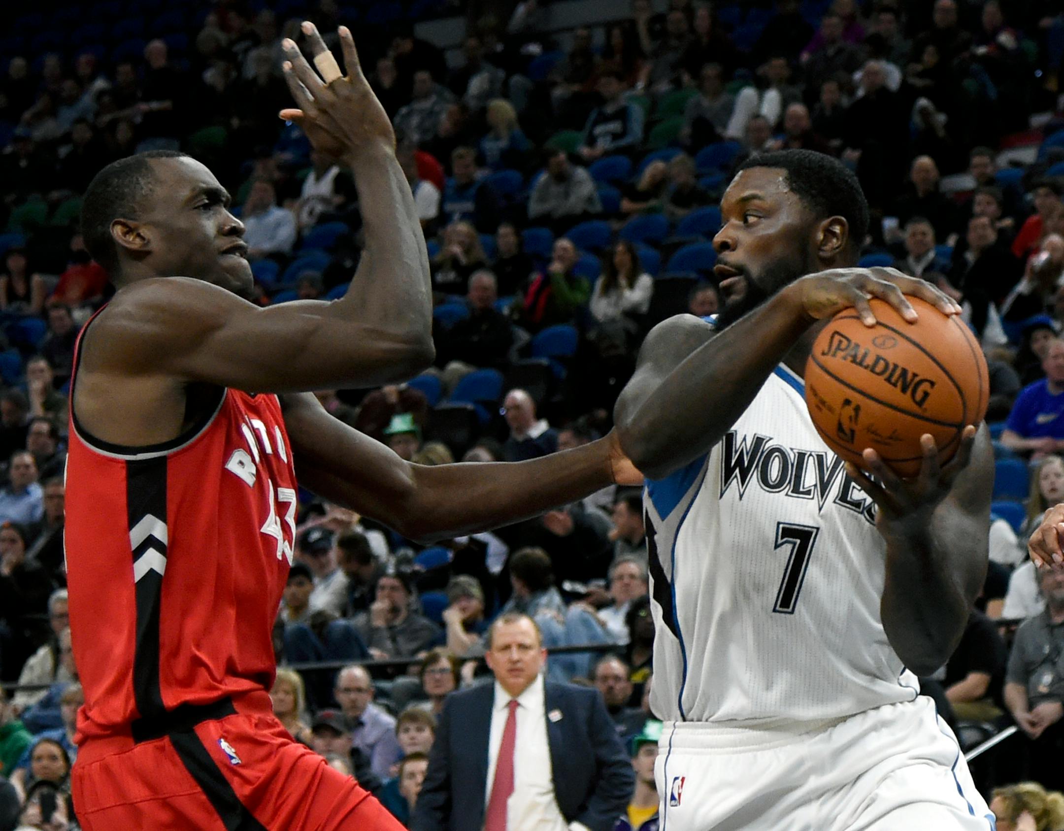 Minnesota Timberwolves guard Lance Stephenson (7) passes away from Toronto Raptors forward Pascal Siakam (43), of Cameroon, during the second quarter of an NBA basketball game on Wednesday, Feb. 8, 2017, in Minneapolis. The Timberwolves won 112-109. (AP Photo/Hannah Foslien)