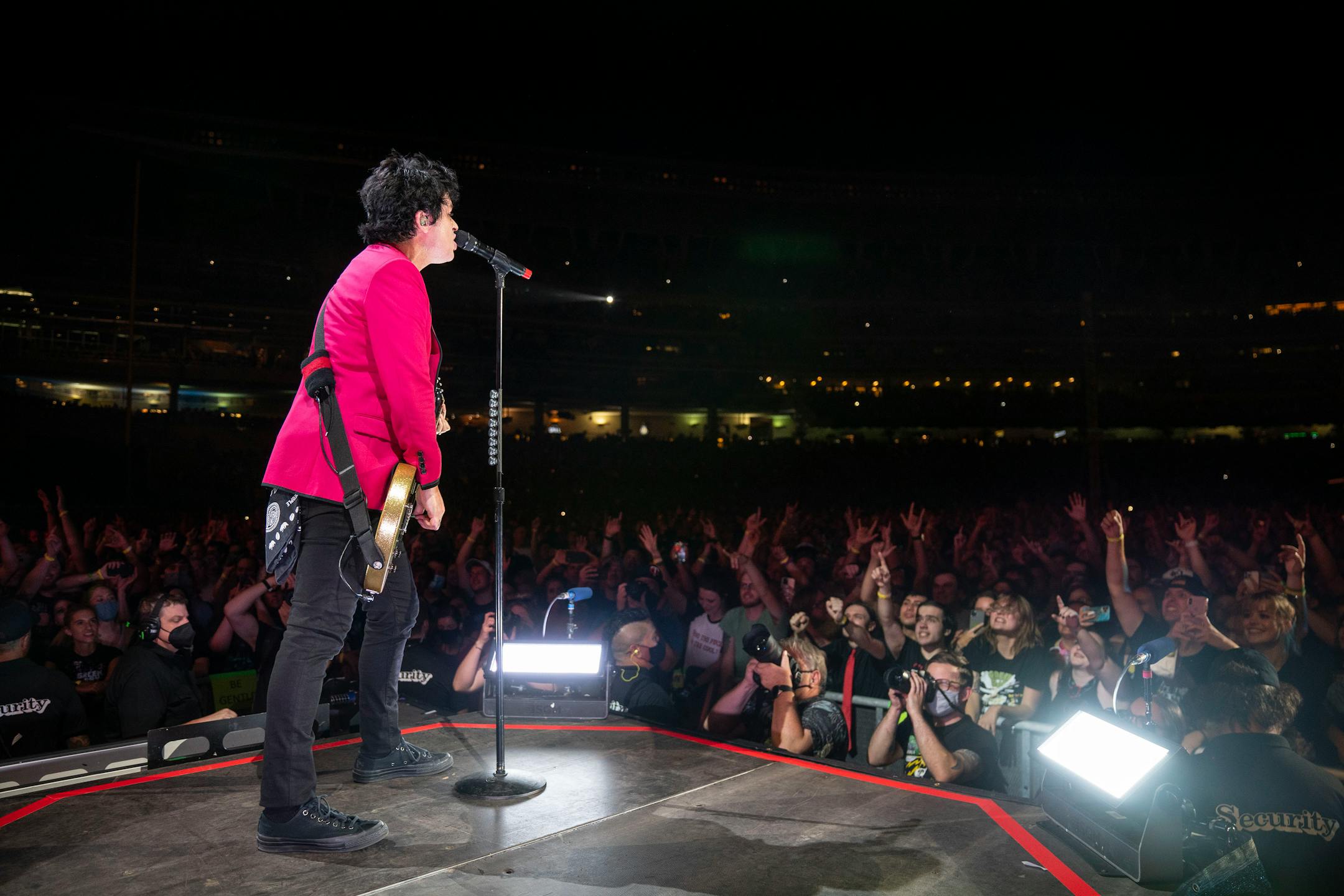 Billie Joe Armstrong, lead singer of Green Day, performed "Holiday" at the Hella Mega Tour at Target Field in Minneapolis on Monday.