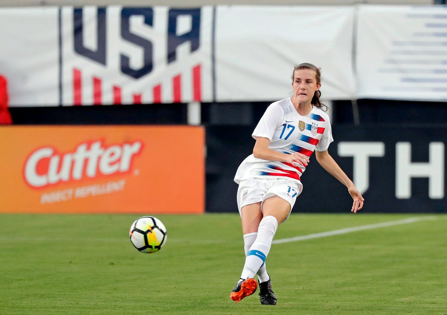 File-This April 5, 2018, file photo shows United States' Tierna Davidson moving the ball against the Mexico during the first half of an international friendly soccer match in Jacksonville, Fla. Davidson is one of the names you may not know now but very well could by the end of 2019. They figure to come up big in the new year. (AP Photo/John Raoux, File)