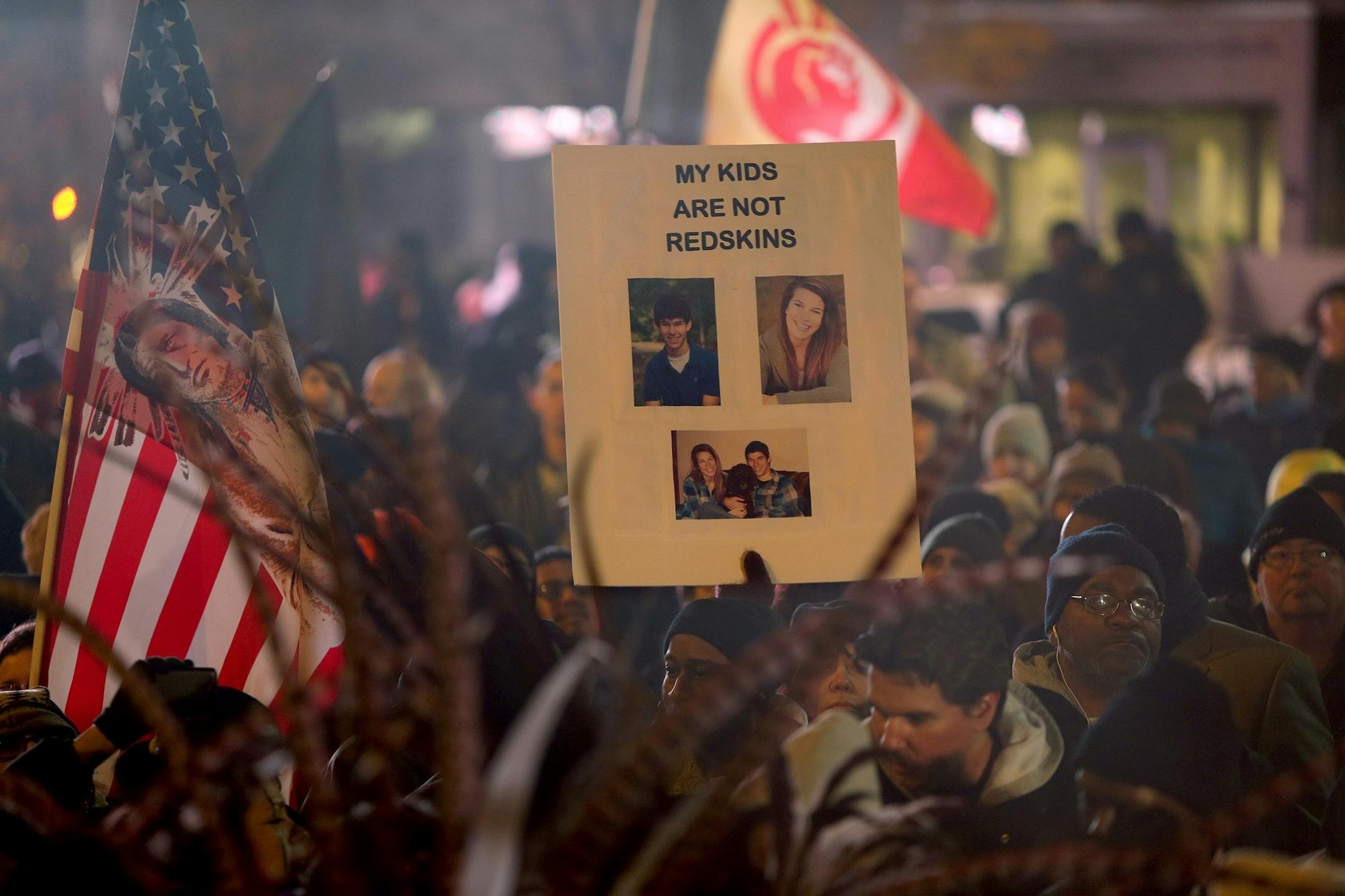 Calling Washington's Redskins nickname a racist slur, hundreds of protesters rallied at Mall of America Field, Thursday.