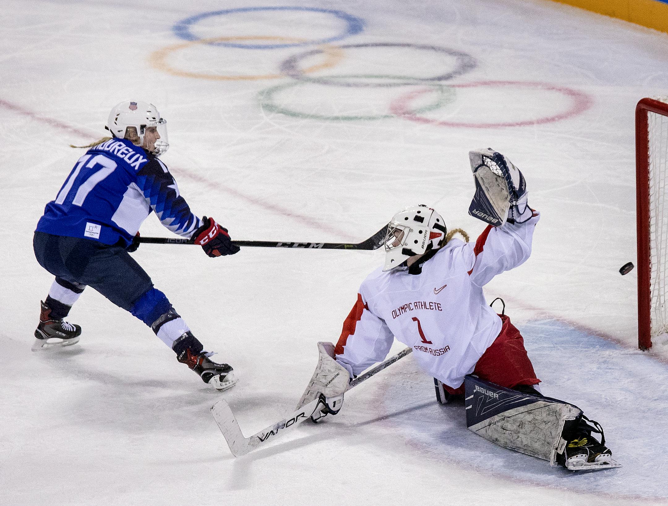 Jocelyne Lamoureux-Davidson (17) shot the puck past Goalie Valeria Tarakanova (1) for a goal in the second period. ] CARLOS GONZALEZ ¥ cgonzalez@startribune.com - February 13, 2018, South Korea, 2018 Pyeongchang Winter Olympics, Hockey USA vs. Olympic Athlete from Russia