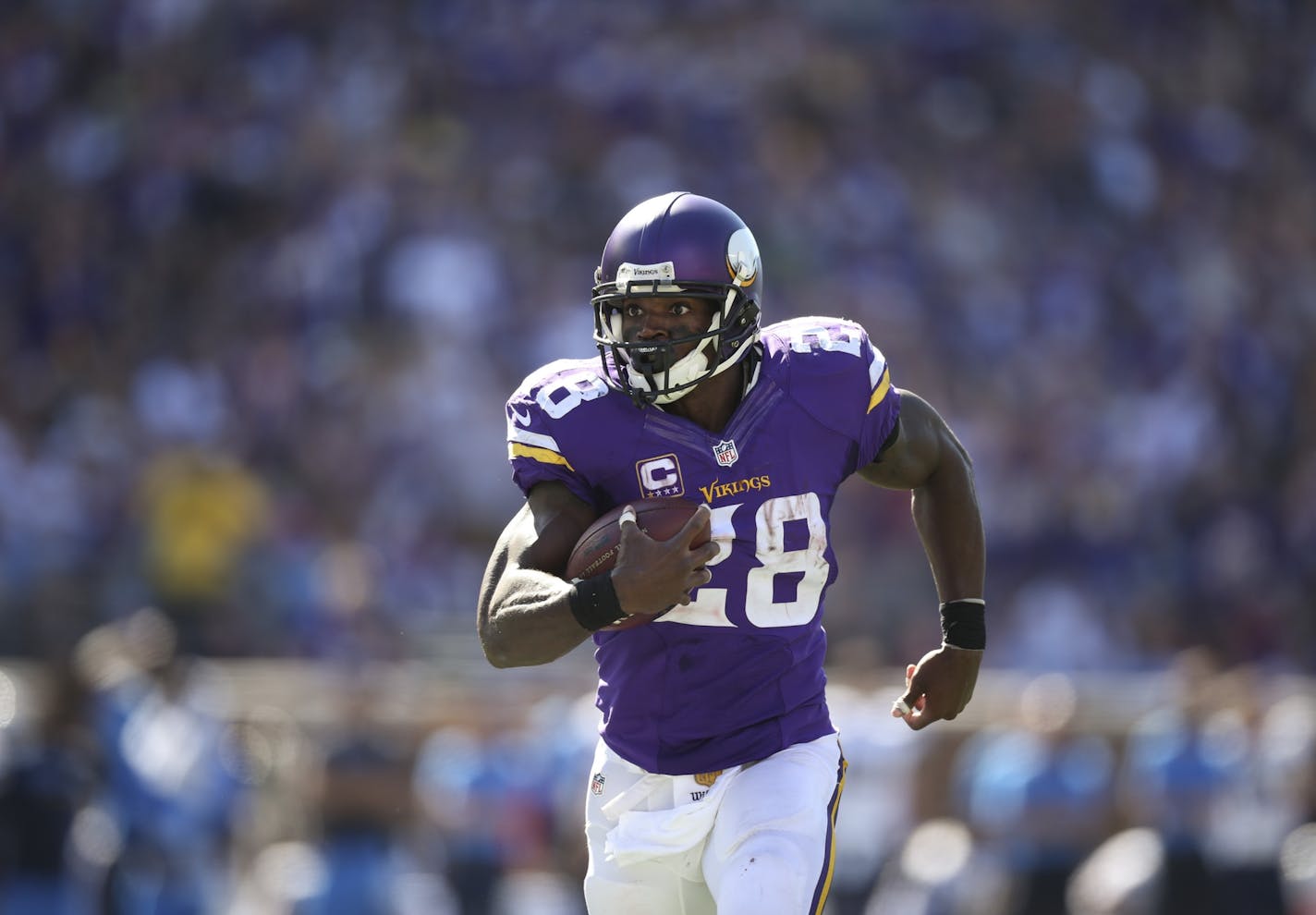 Vikings running back Adrian Peterson (28) ran 11 yards to the San Diego one yard line in the third quarter Sunday afternoon.