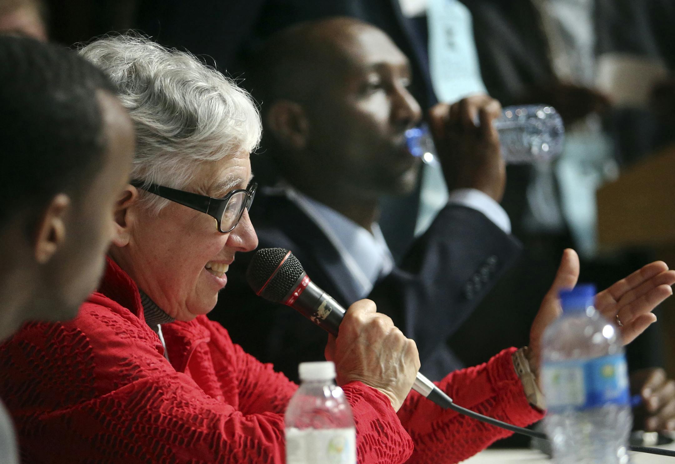 House incumbent Phyllis Kahn speaks during a question and answer session with challenger Mahamud Noor at the DFL convention at De La Salle High School Saturday, April 5, 2014. Kahn had more than 58 percent of the vote in the second ballot but not the 60 percent or more needed and the convention was headed into a third ballot.](DAVID JOLES/STARTRIBUNE) djoles@startribune.com DFL convention at De La Salle High School Saturday, April 5, 2014. ORG XMIT: MIN1404051632570004