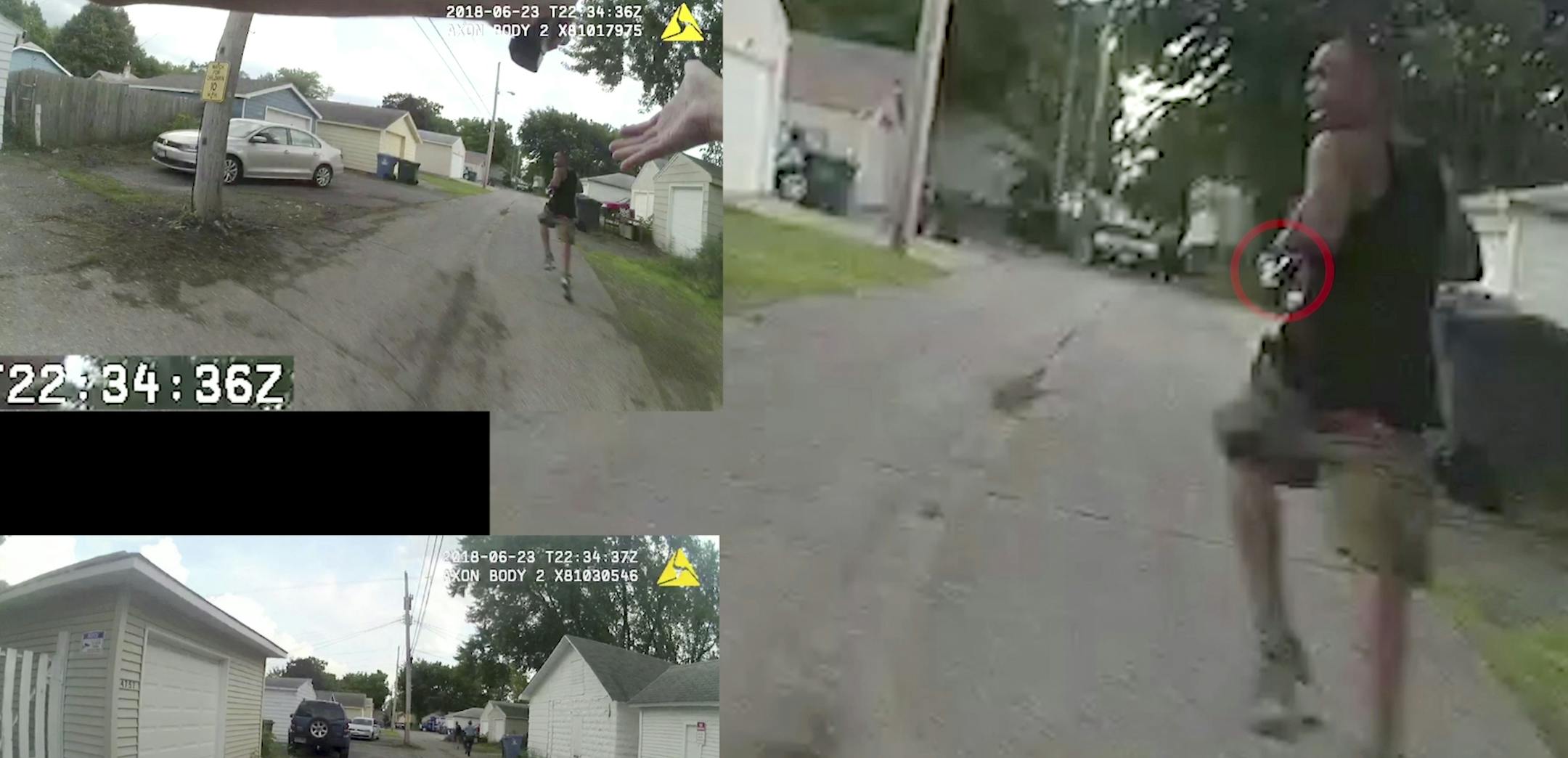 This June 23, 2018, image from multiple police cam videos provided by the Minneapolis Police Department shows a chase between Officers Justin Schmidt and Ryan Kelly and suspect Thurman Blevins, in Minneapolis. Authorities in Minneapolis released the body camera video Sunday, July 29 from the two police officers in the fatal shooting of Blevins, with the footage showing the man shot from behind after a frenetic foot chase and what appeared to be a gun in his hand. (Minneapolis Police Department v