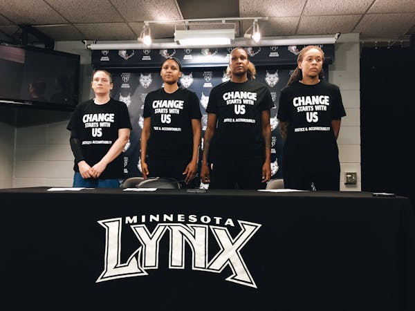 Lynx players (l-r): Lindsay Whalen, Maya Moore, Rebekkah Brunson and Seimone Augustus prior to Saturday's game vs. Dallas.