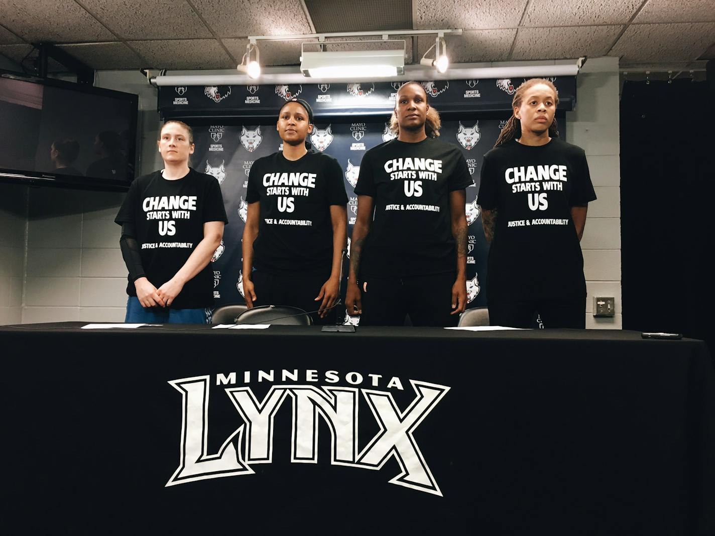 Lynx players (l-r): Lindsay Whalen, Maya Moore, Rebekkah Brunson and Seimone Augustus prior to Saturday's game vs. Dallas.