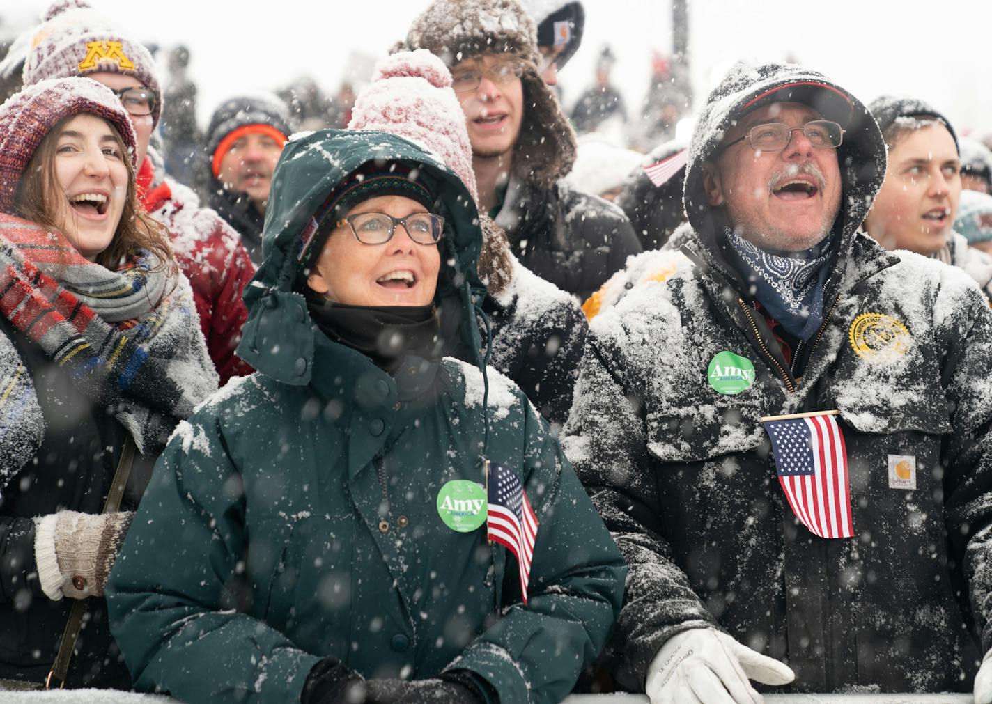 Sen. Amy Klobuchar made her announcement to run for president from a snowy Boom Island Park in Minneapolis. ] GLEN STUBBE &#x2022; glen.stubbe@startribune.com Sunday, February 10, 2019 Minnesota Sen. Amy Klobuchar says she is running for president, joining a growing and formidable list of Democratic candidates vowing to defeat President Donald Trump in 2020. Sen. Amy Klobuchar makes announcement in Boom Park, Minneapolis, about her political future in front of hundreds of supporters.