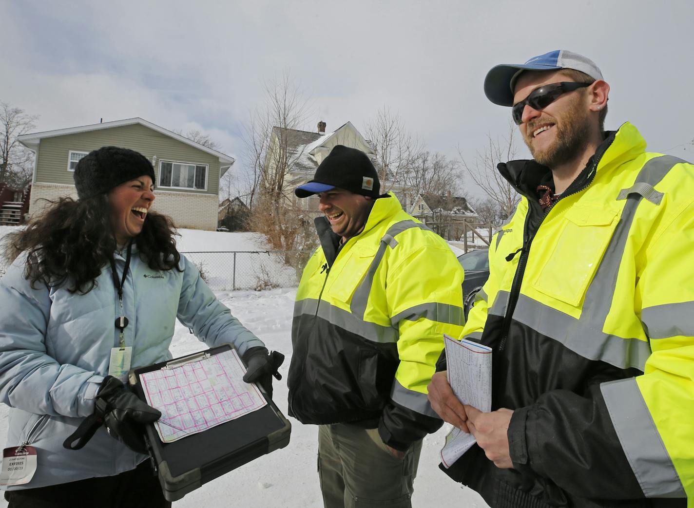 Minneapolis deputy director and civil engineer Lisa Cerney chatted with Isaac Prehall (center) and Kevin Henke who were out noting addresses where sidewalks have not been shoveled. ] Shari L. Gross &#x2022; shari.gross@startribune.com Minneapolis inspectors will head out Tuesday to look for unshoveled sidewalks, part of their proactive efforts to clear the way for pedestrians.