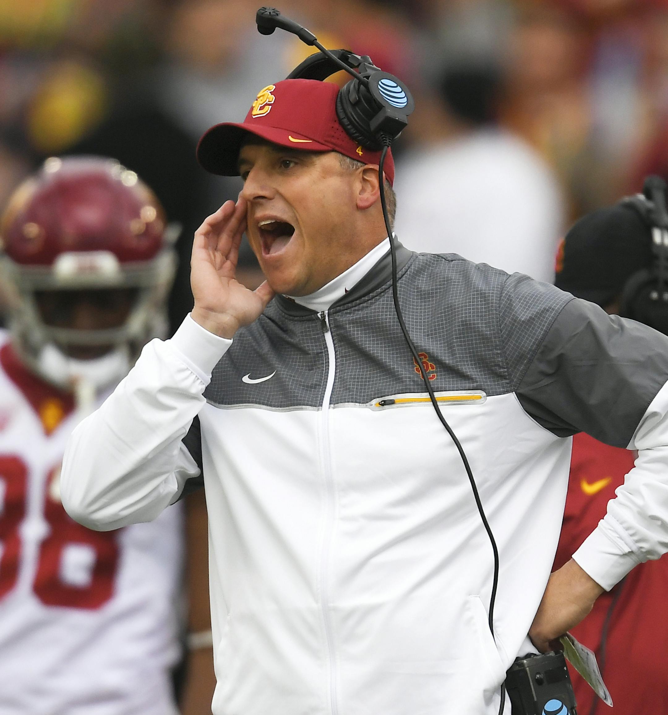 Southern California head coach Clay Helton yells to his team during the first half of the Rose Bowl NCAA college football game against Penn State Monday, Jan. 2, 2017, in Pasadena, Calif. (AP Photo/Mark J. Terrill) ORG XMIT: NYOTK