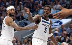 Anthony Edwards (5) of the Minnesota Timberwolves reacts after not getting a foul call in the third quarter against the Dallas Mavericks in Game 3 of 