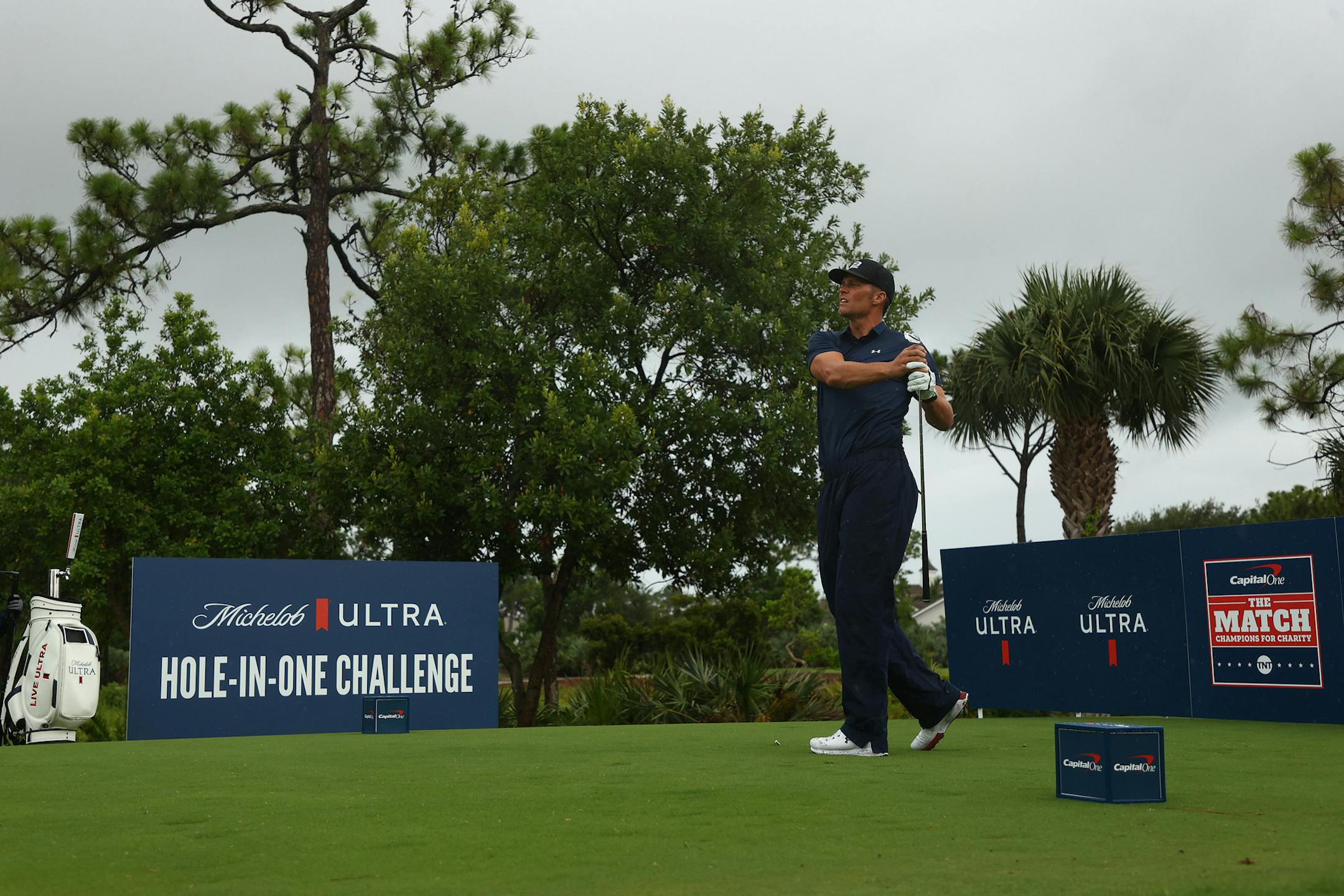 NFL quarterback Tom Brady of the Tampa Bay Buccaneers plays his shot from the eighth tee during The Match: Champions For Charity at Medalist Golf Club on Sunday, May 24, 2020 in Hobe Sound, Fla. (Mike Ehrmann/Getty Images for The Match/TNS)