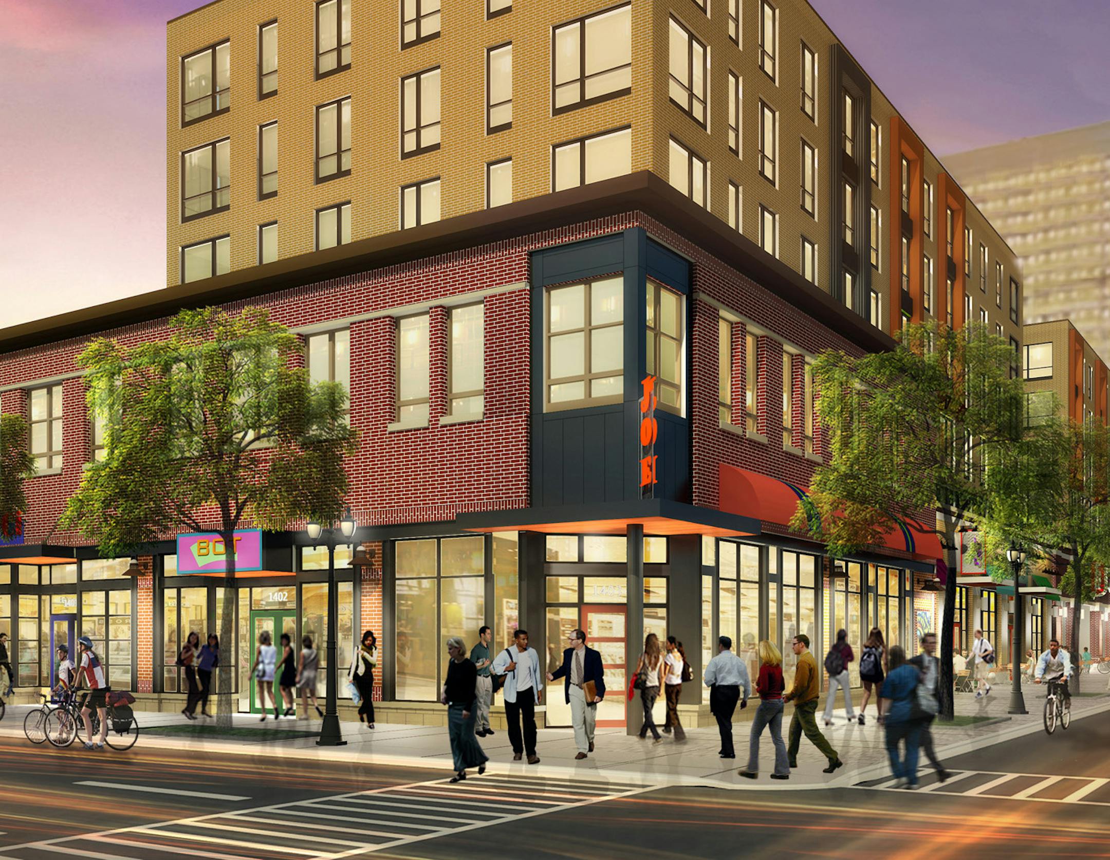 Rendering of proposed redevlopment of Dinkytown, near U of M Campus, Mpls, MN - looking north from 5th st SE and 14th Av ( currently occupied by House of Hanson )